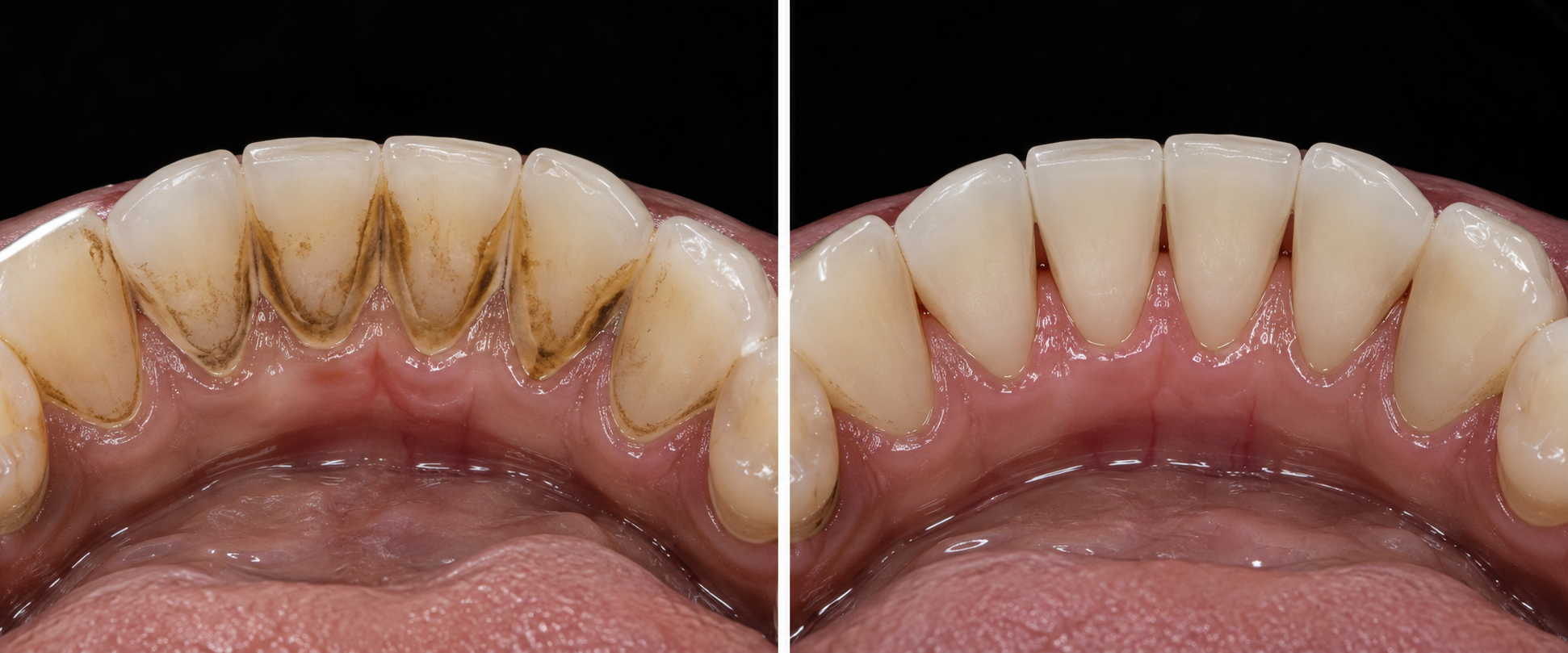 Illustrative before-and-after example of tartar removal with professional dental hygiene
