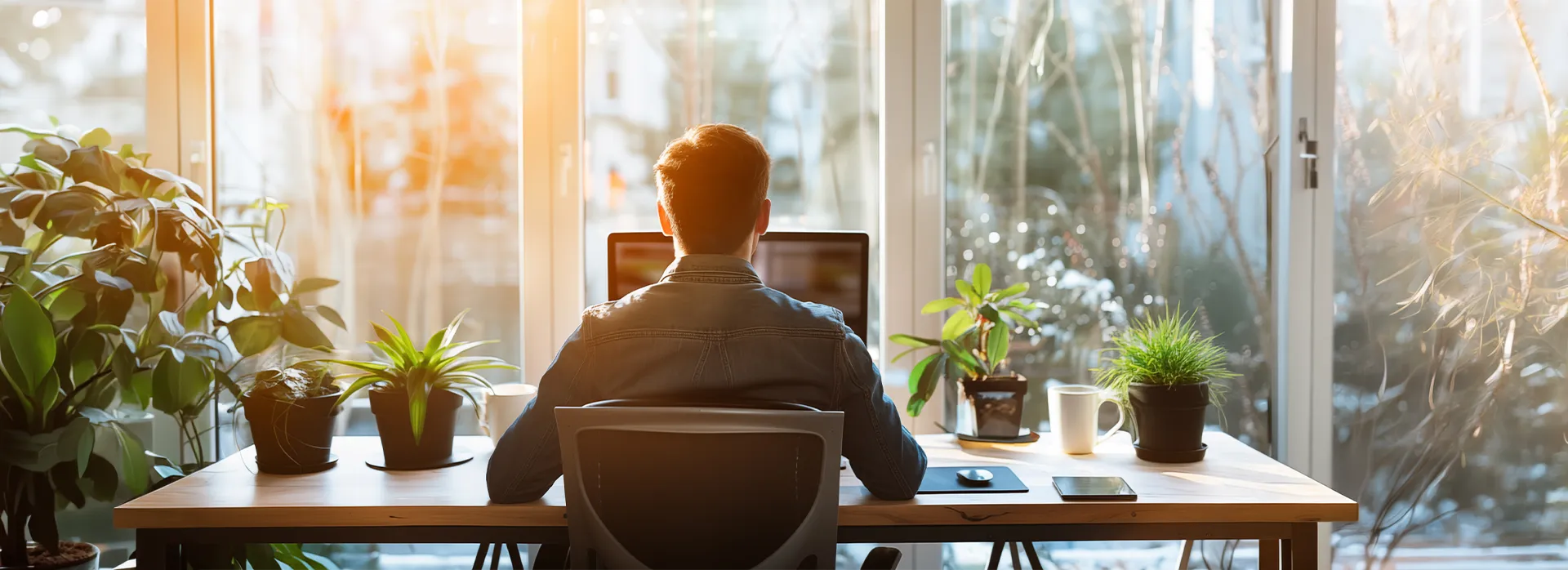 Een lichte, moderne hybride werkplek met een man achter een computer. Het bureau is versierd met diverse groene planten en twee koffiemokken, gesitueerd voor een raam met een warm zonlichteffect.