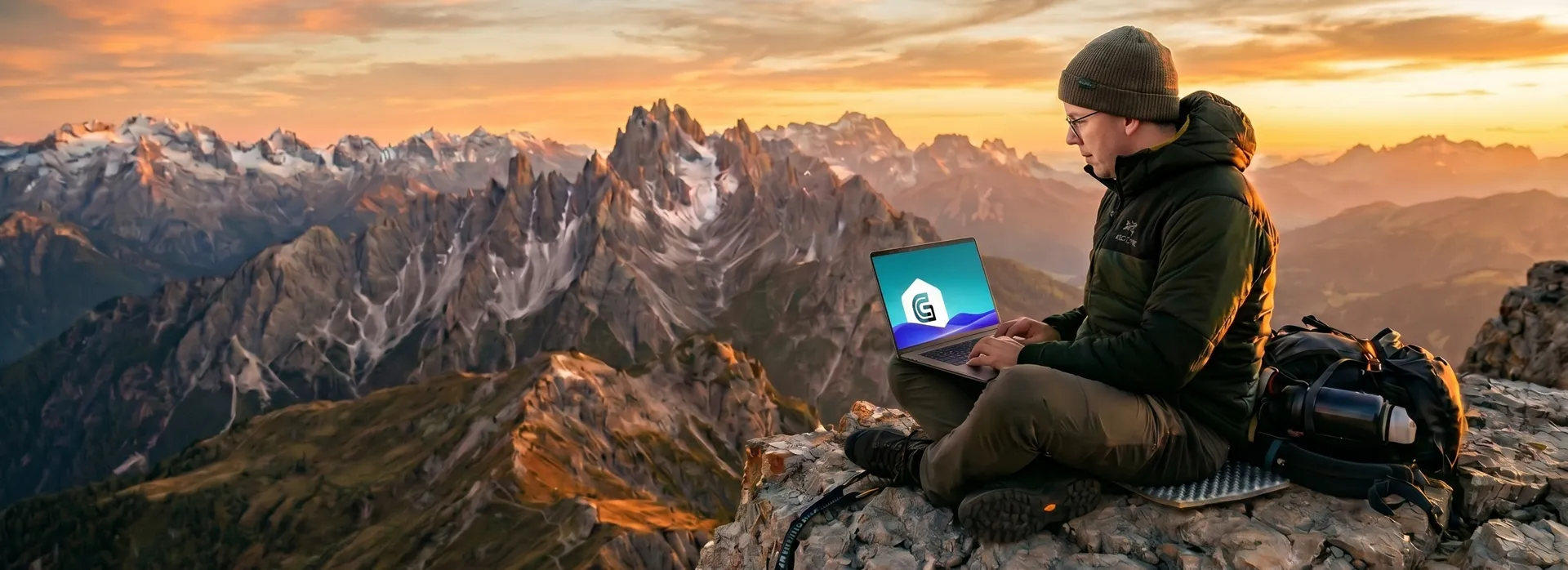 man met laptop bovenop een bergtop in het hooggebergte met een ondergaande zon.