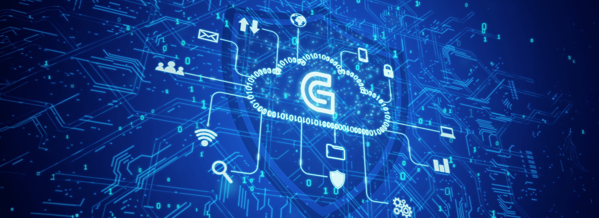 Een blauwe futuristische achtergrond met een circuitboard-patroon, een beveiligingsschild en een wolk van binaire code met de letter G, verbonden met diverse tech-iconen.