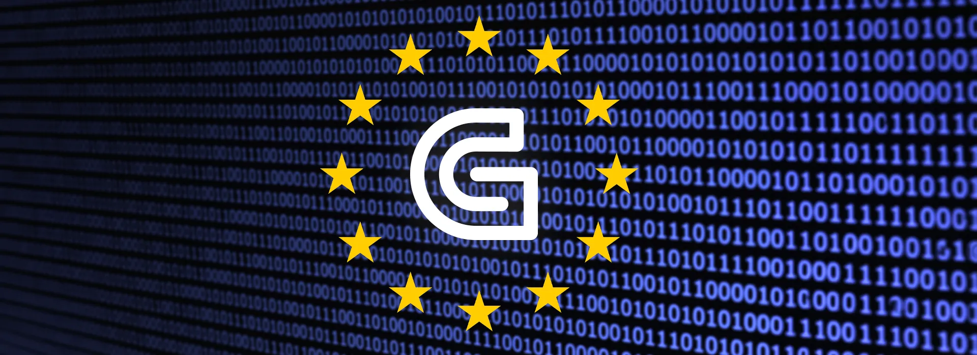Europeese vlag met Gflex icoon op blauwe achtergrond met nullen en eenen.