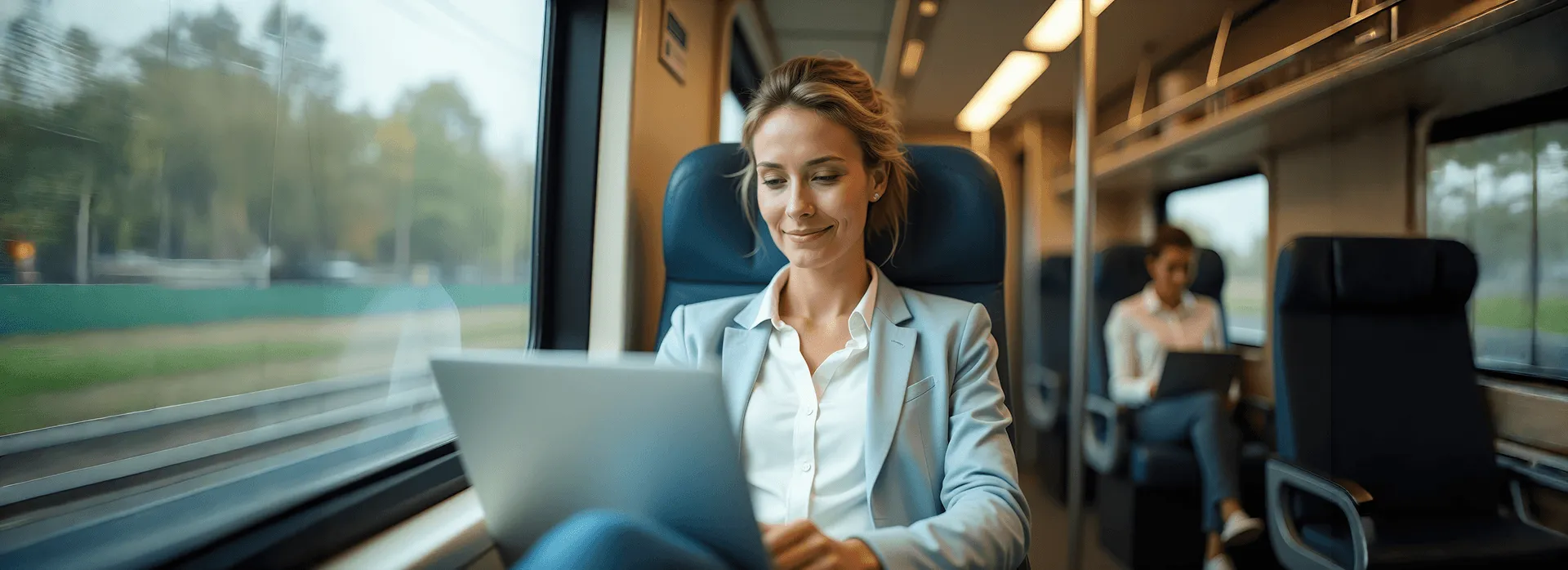 Een lachende zakenvrouw werkt op haar laptop tijdens een treinreis.