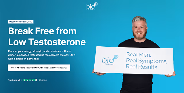 Smiling man holding a sign reading 'Real Men, Real Symptoms, Real Results' promoting doctor-supervised testosterone replacement therapy with an order discount code.