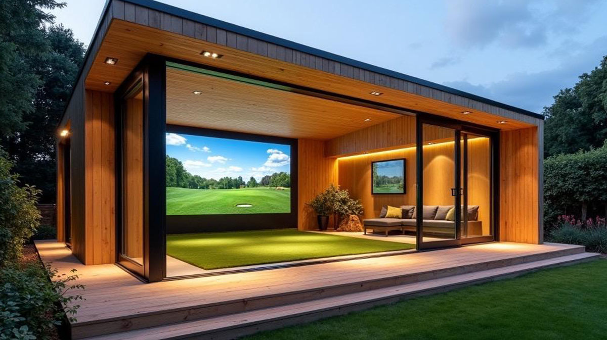 Wooden outbuilding at sunset with big sliding doors. Interior golf simulator is visible through door.