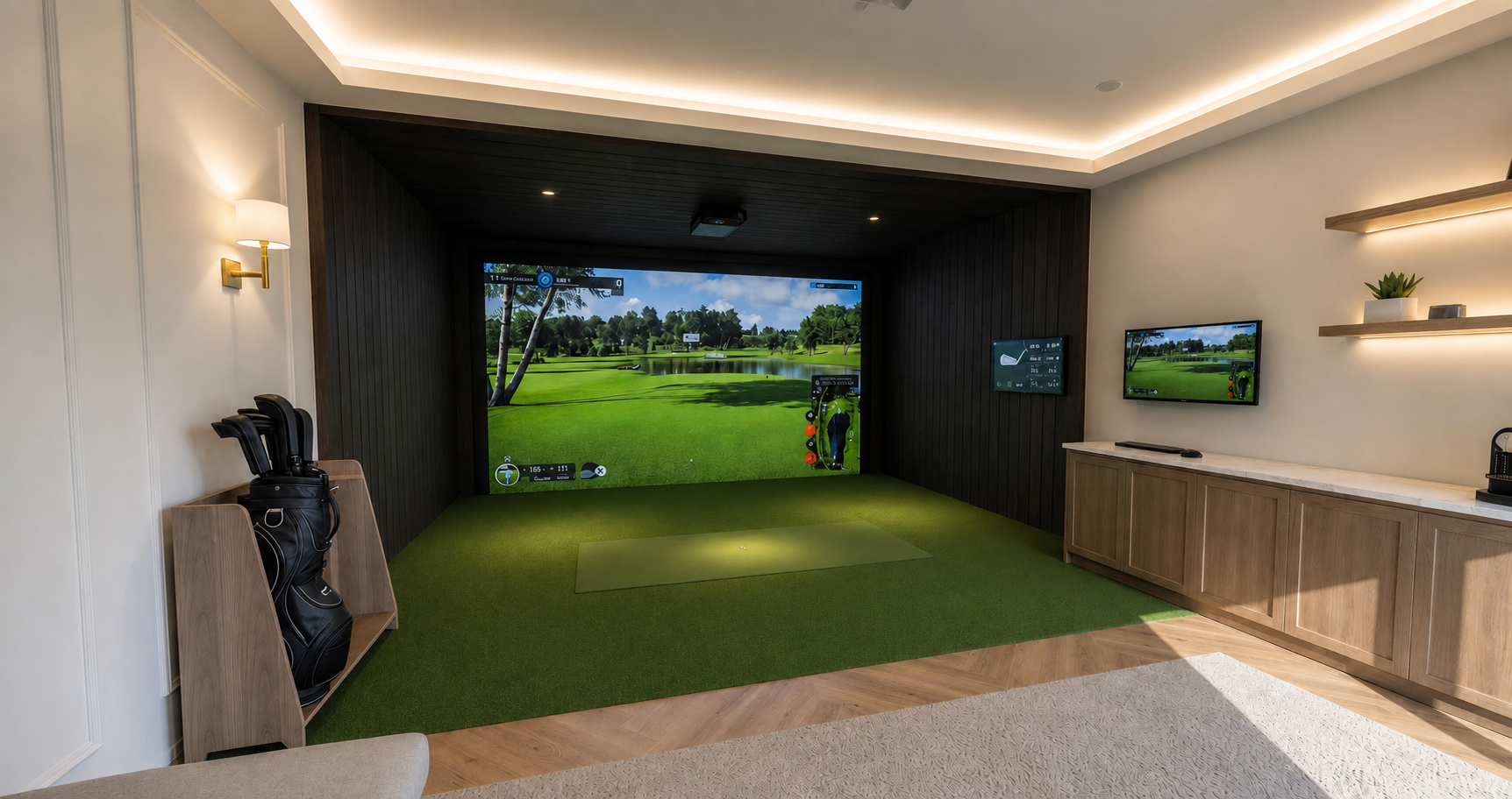 Inside a residential GolfSpace - a Trackman simulator with full heigh screen
