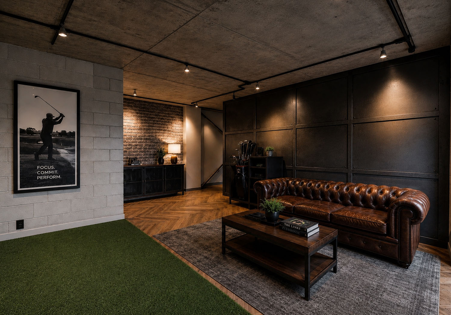 Stunning moody GolfSpace Interior with bespoke cbinets and leather seating.