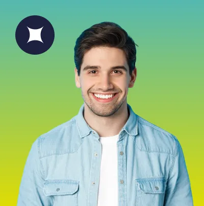 Smiling young man with dark hair wearing a light denim shirt over a white t-shirt, standing against a blue-to-green gradient background with a circular star-like logo in the top left corner.