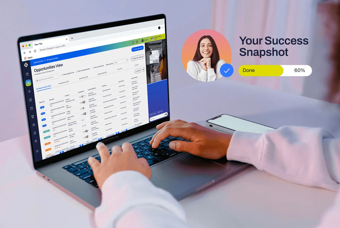 Person typing on a laptop showing an Opportunities View dashboard with a progress bar indicating 60% completion labeled 'Your Success Snapshot'.