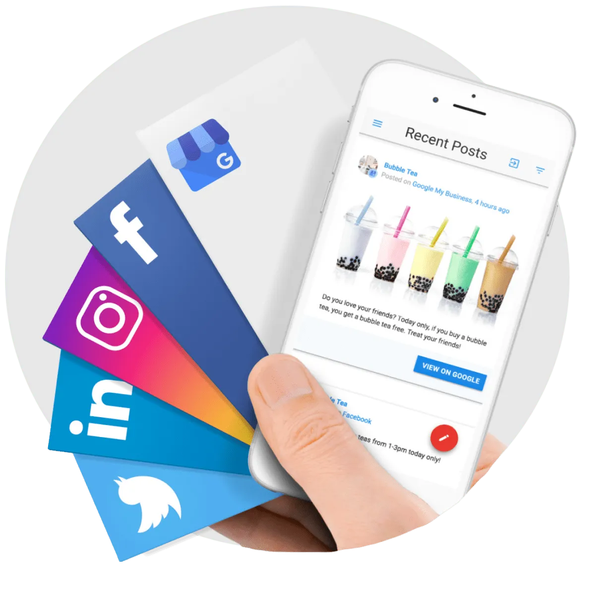Hand holding a smartphone displaying recent social media posts with bubble tea images, surrounded by cards showing social media icons including Facebook, Instagram, LinkedIn, Twitter, and Google My Business.