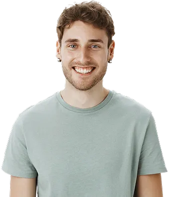 Smiling young man with short brown hair wearing a light green t-shirt.