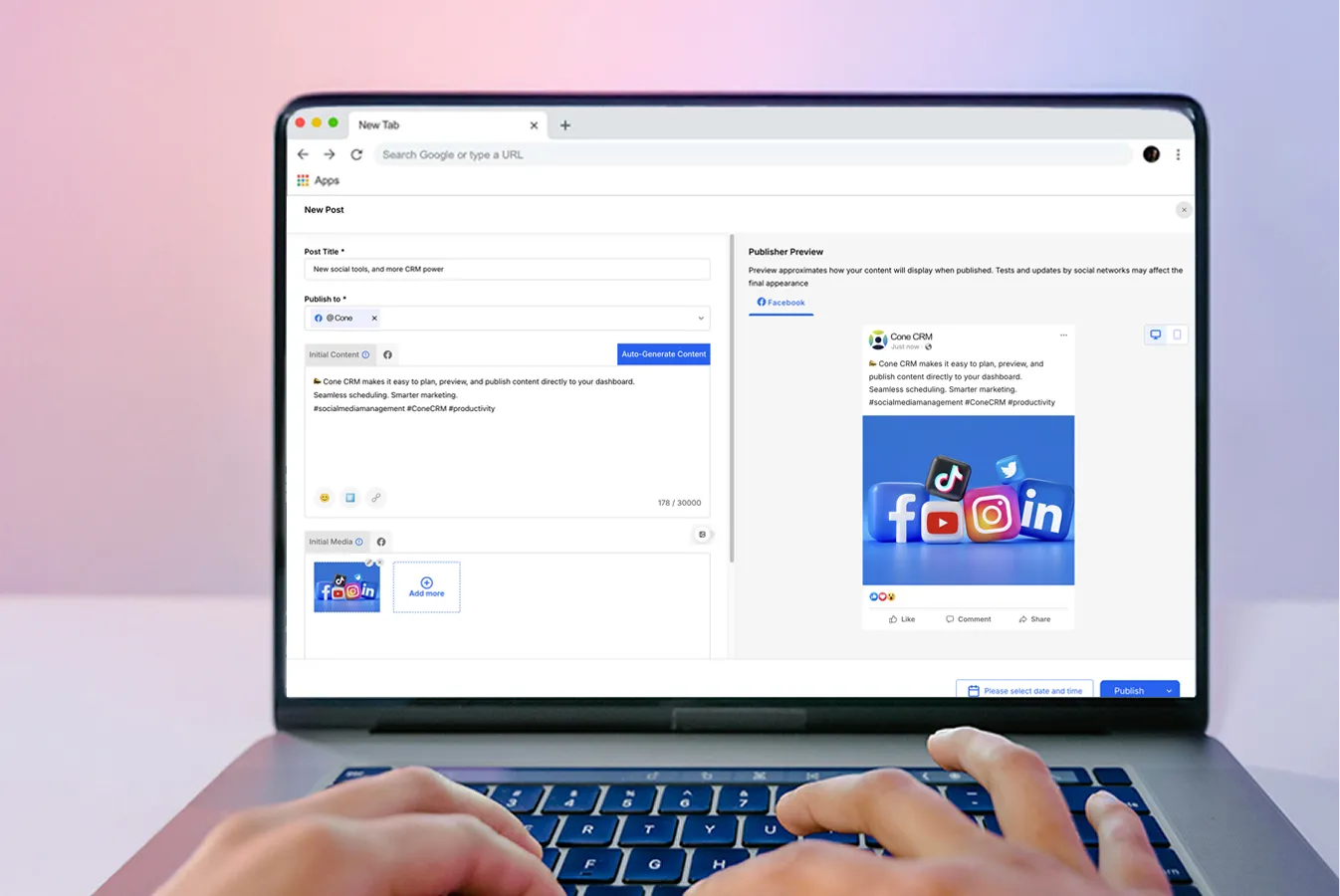 Person typing on a laptop displaying a social media management tool with a post preview featuring social media icons and text.