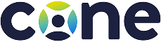 Logo with the text 'cone' where the letter 'o' is a circle divided into four colorful segments.