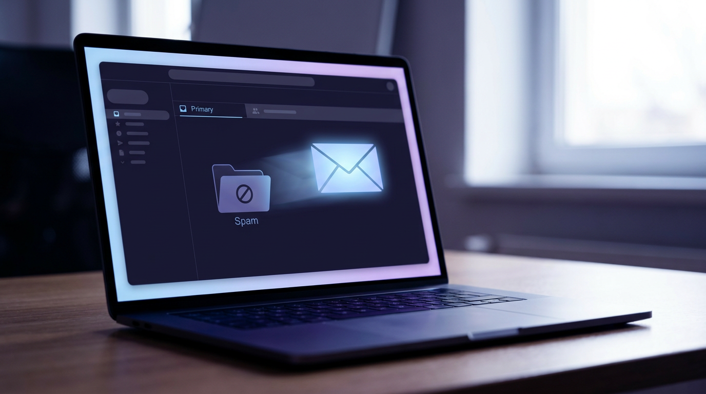 Nahaufnahme eines Posteingangs auf einem Bildschirm, eine E-Mail wandert visuell vom Spam-Ordner in den Primär-Tab, saubere Oberfläche