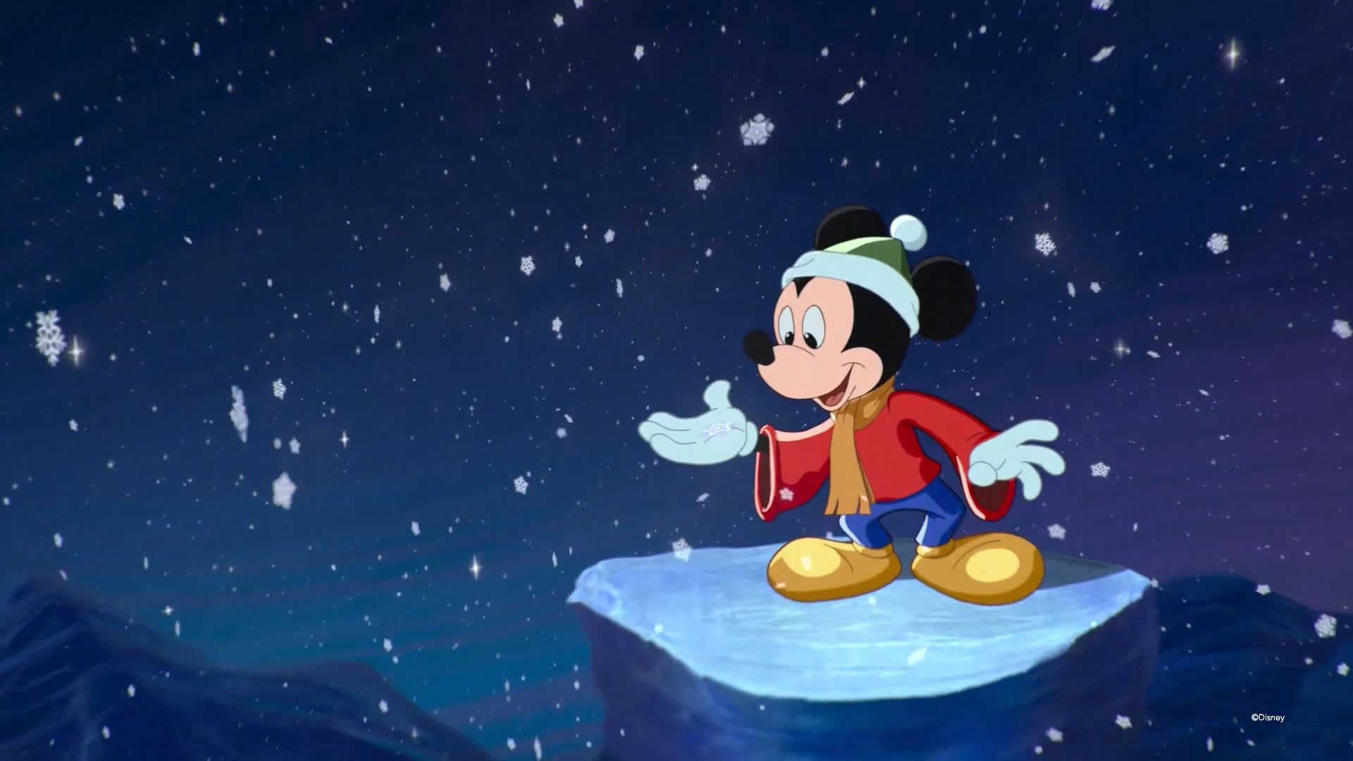 Mickey Mouse in winter hat standing on ice floating in starry snowy night sky