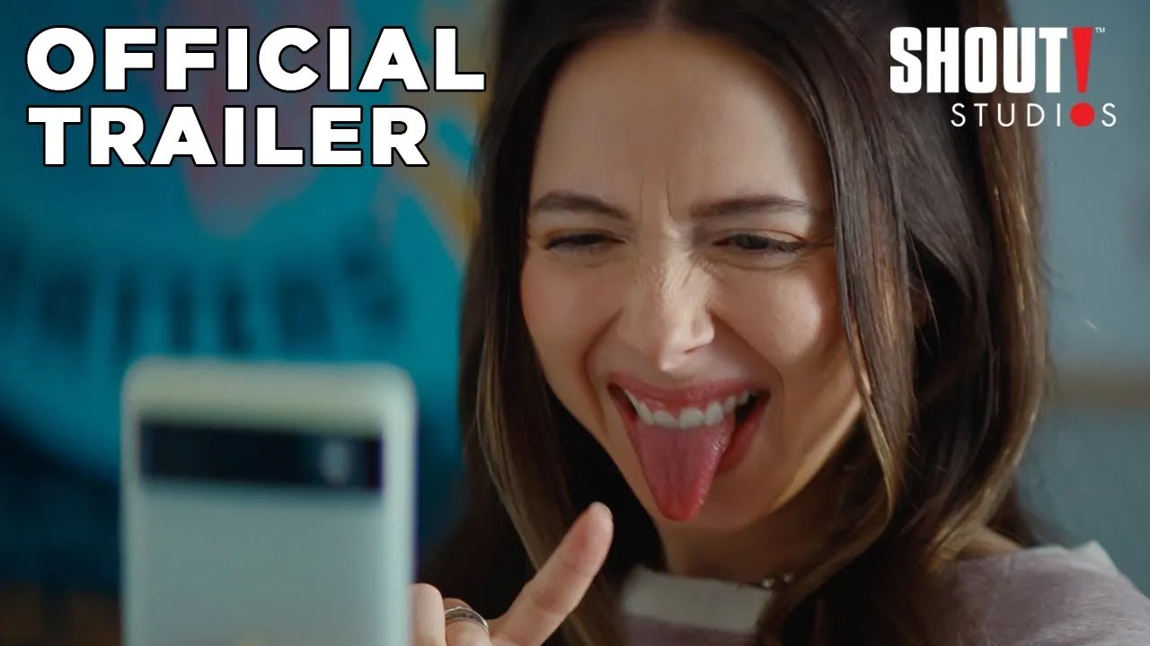 Woman sticking tongue out playfully at phone. Official trailer from Shout Studios.