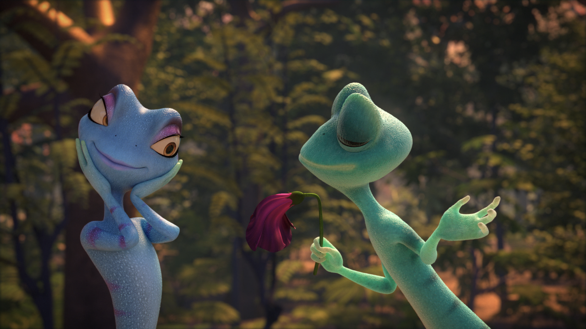 Animated blue and green characters with long necks exchanging a red flower in forest.