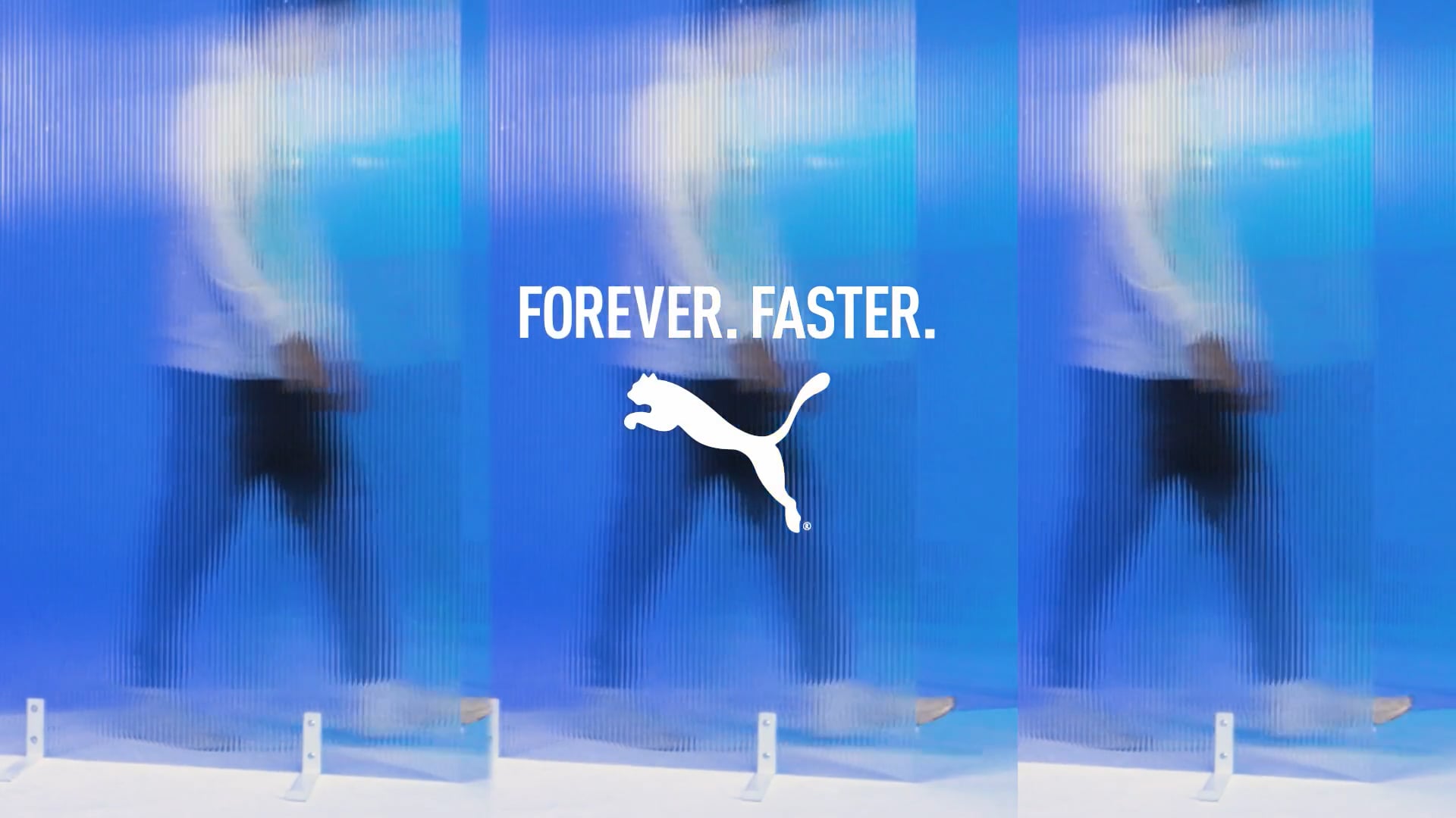 Puma logo with "Forever. Faster." slogan on blue athletic background