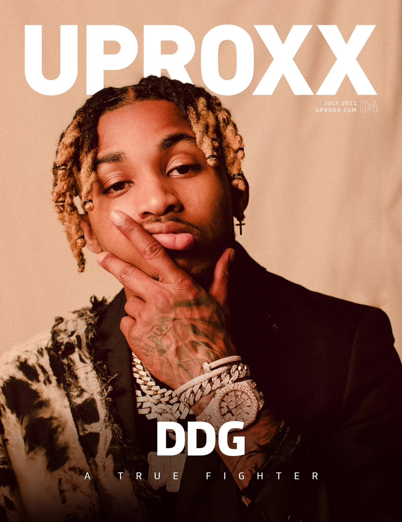 DDG on UPROXX magazine cover, July 2021, posing thoughtfully with hand to face