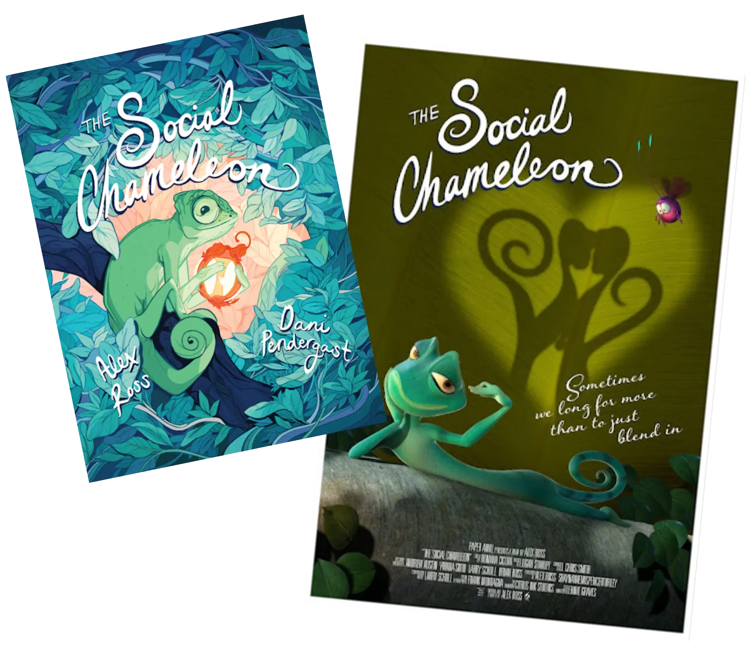 Two illustrated book covers for "The Social Chameleon" featuring colorful green chameleons.