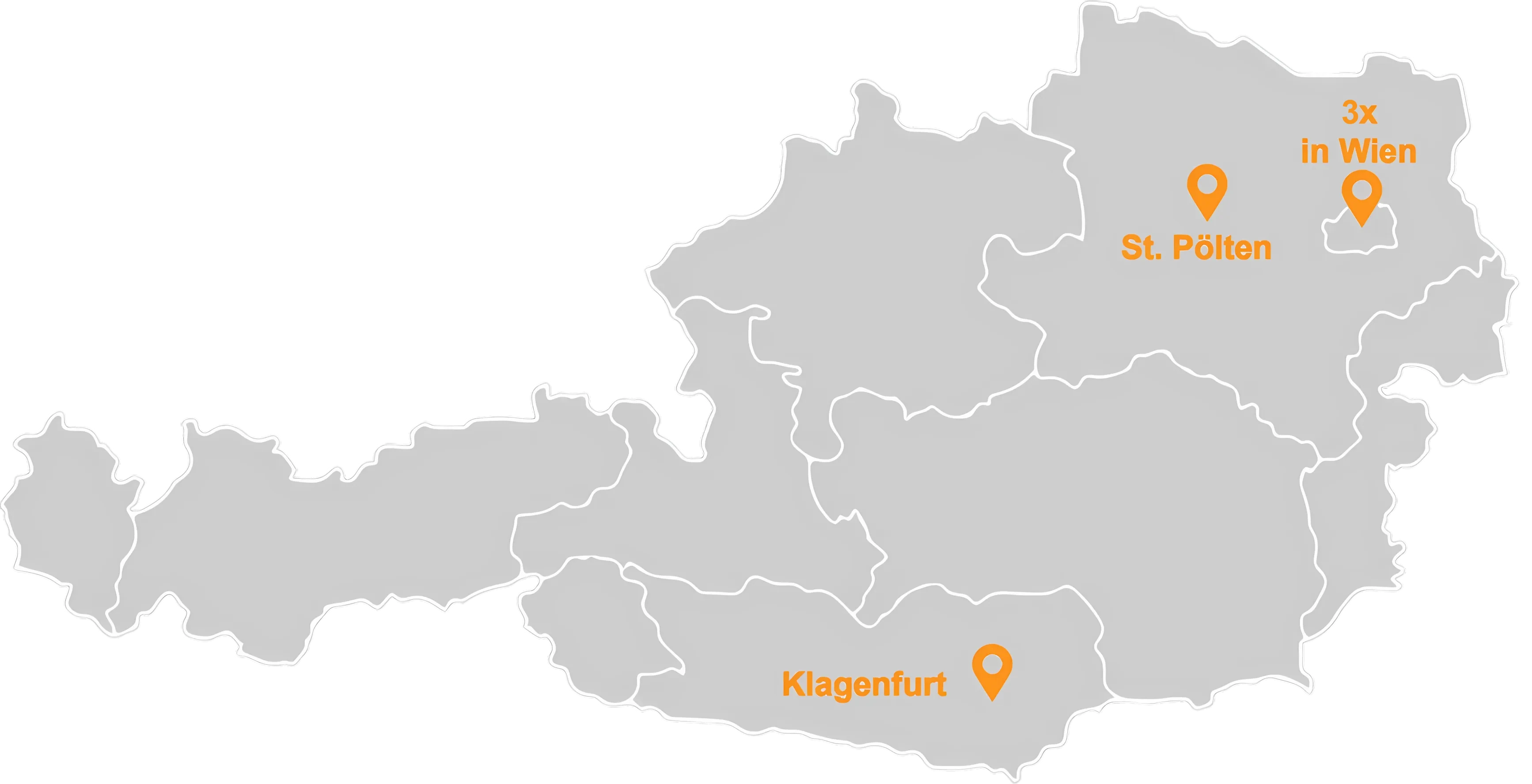 Karte von Österreich mit Markierungen für Klagenfurt, St. Pölten und drei Standorte in Wien.
