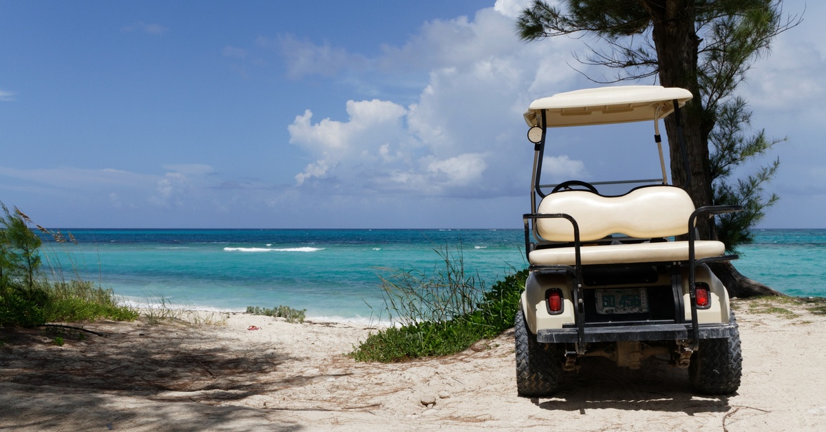 A golf cart with a white double back seat parked on white sand under a large tree next to a bright blue ocean.