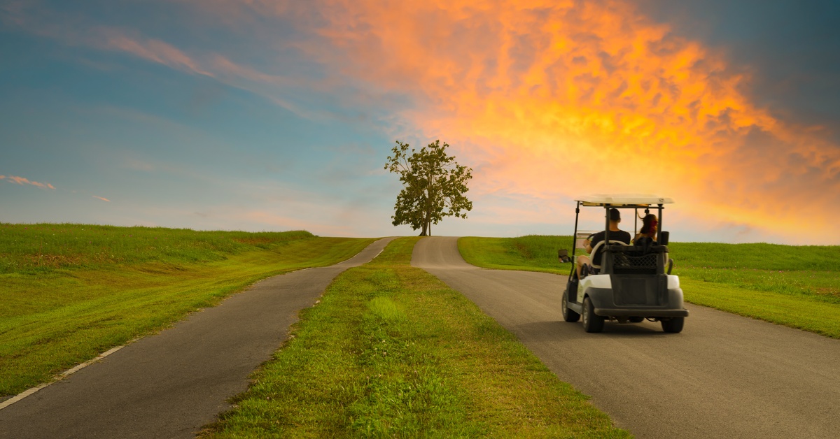 Two people driving a small golf cart on one of two narrow roads towards a sunset with a tree in the distance.