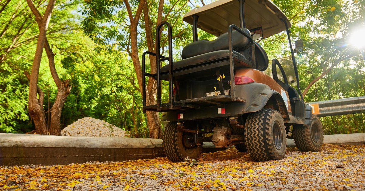 Golf cart with all terrain tires parked on a dirt road covered with fallen tree leaves in the middle of the woods.