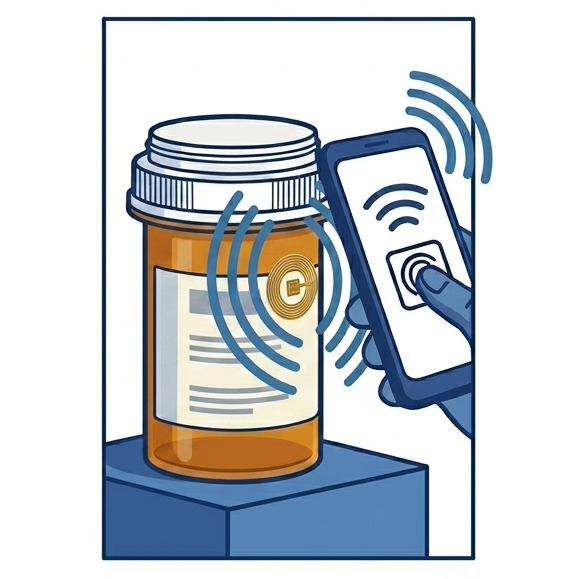 A smartphone tapping the tagged bottle to read it