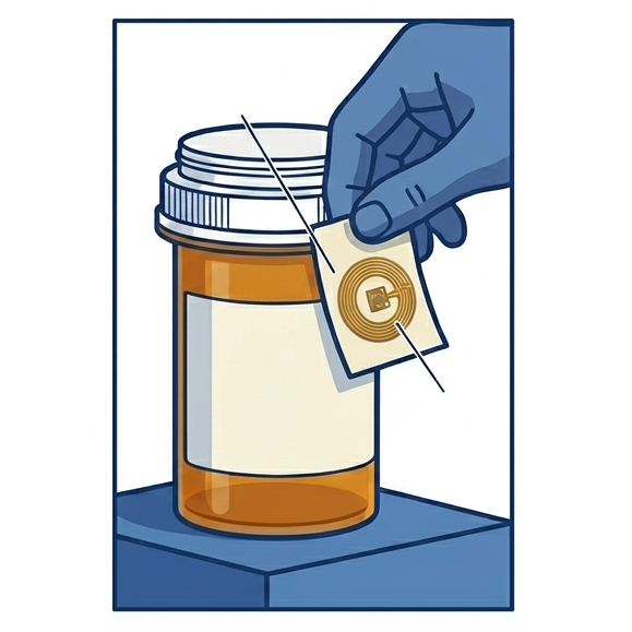 NFC InfoTap label applied to a pharma bottle on the line