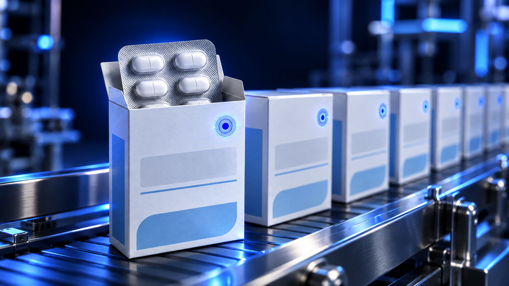 Pharmaceutical cartons containing blister packs moving along a production line, each carrying an NFC smart label