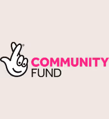 Logo with a black outlined hand making a finger heart gesture beside the words COMMUNITY FUND, with COMMUNITY in bold pink and FUND in black.