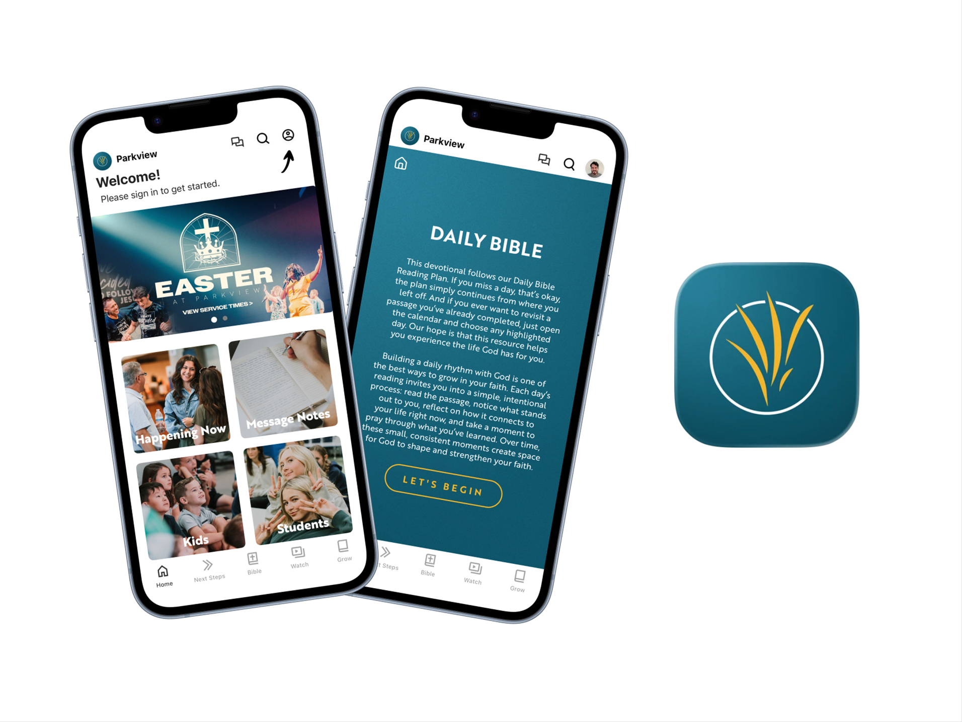 Parkview Subsplash Mobile App featuring Daily Bible