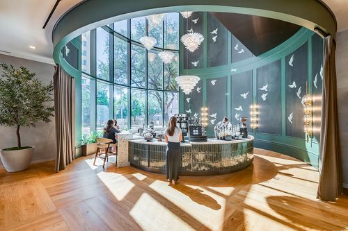 large cafe and eatery with 2 story windows