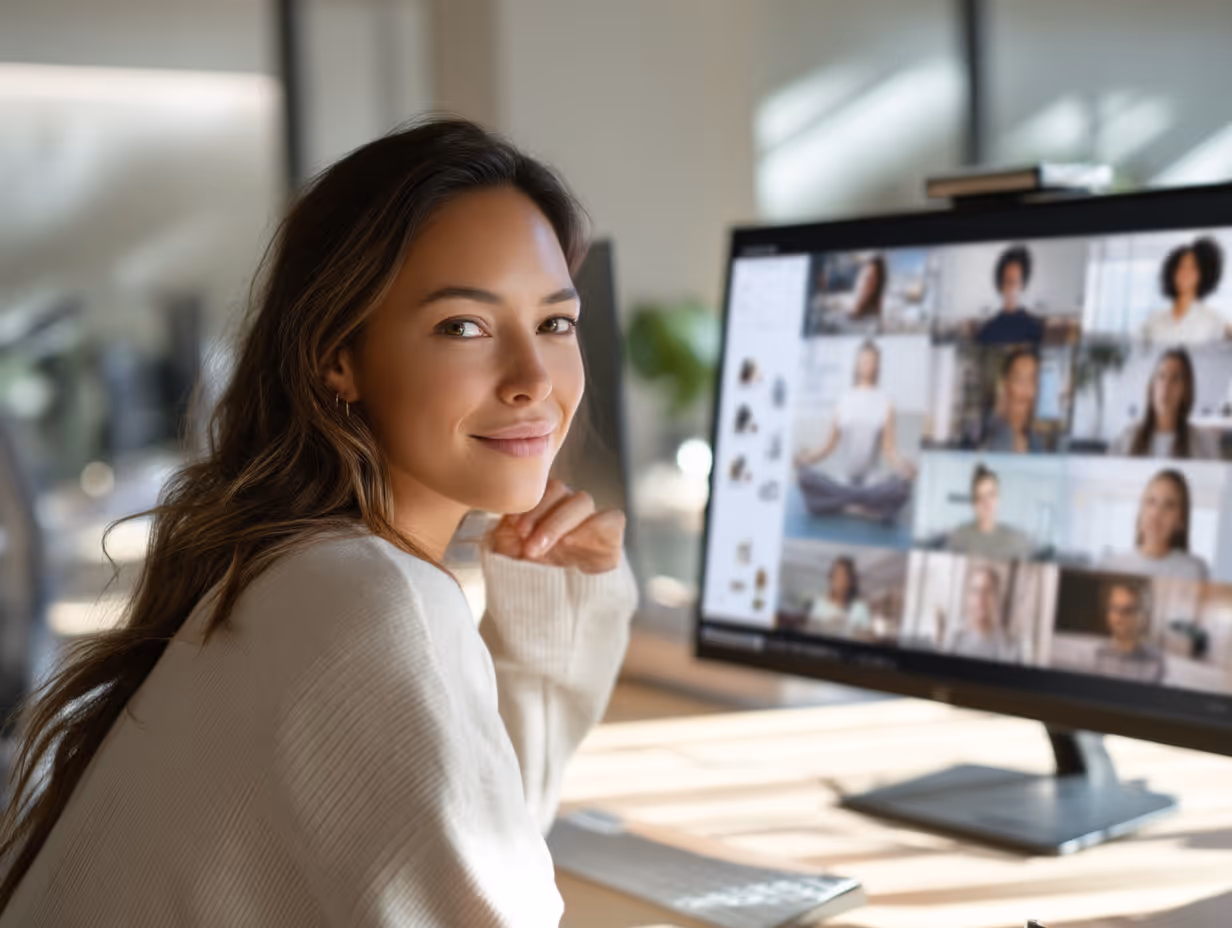 Smiling woman in office on a video conference call
