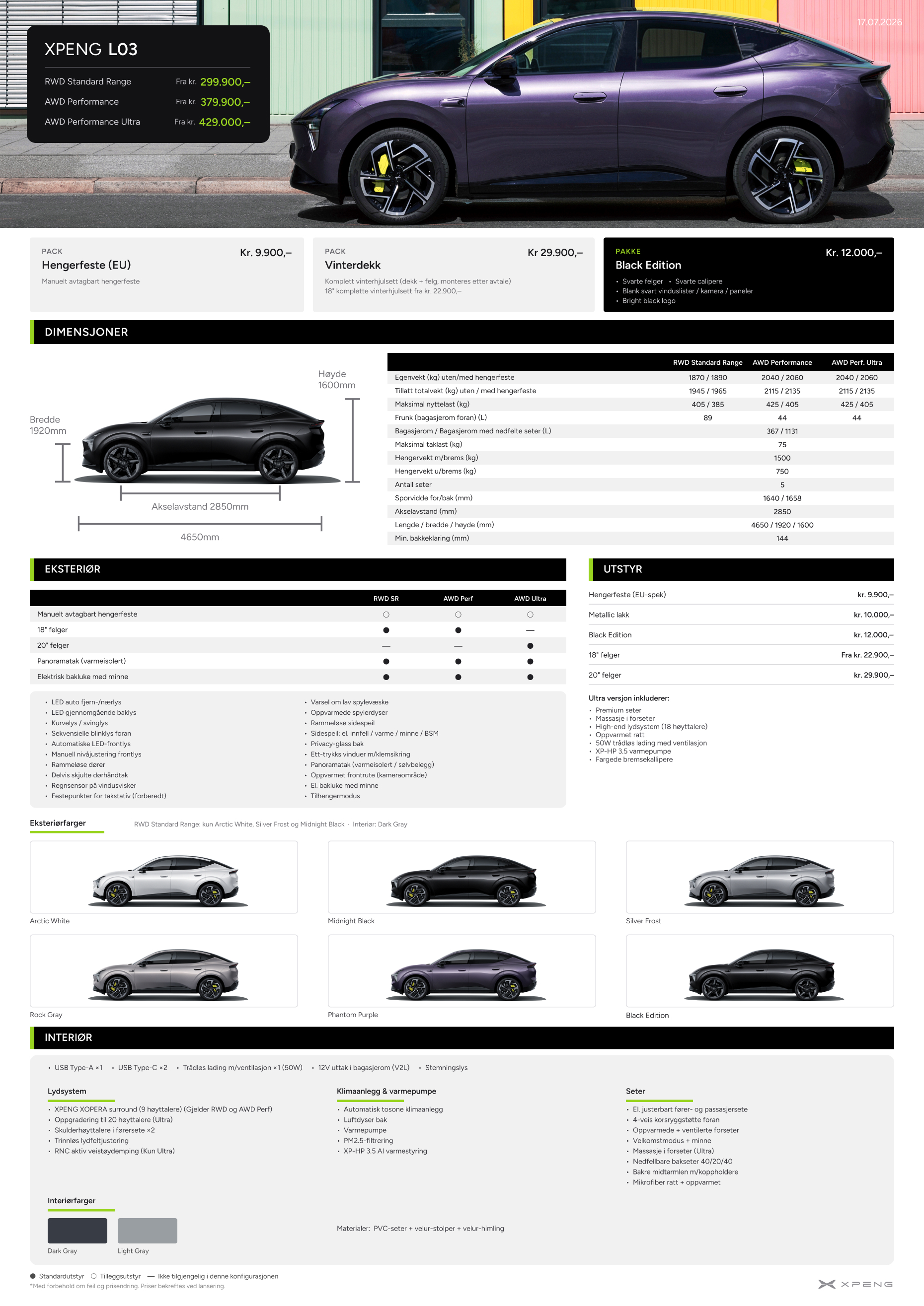 Specsheet for XPENG L03 designet av Simmer