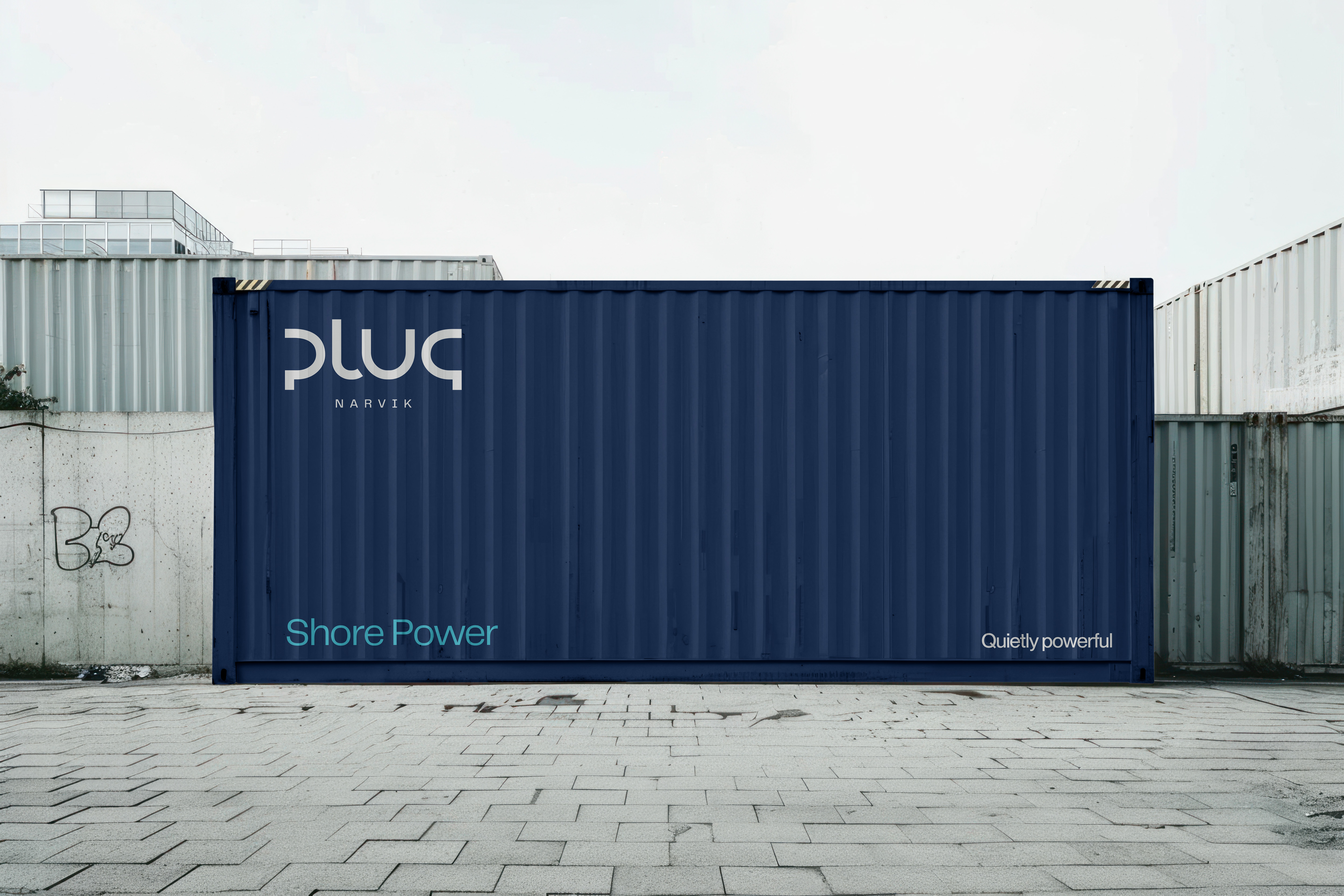 Shipping container with the Plug logo and Shore Power
