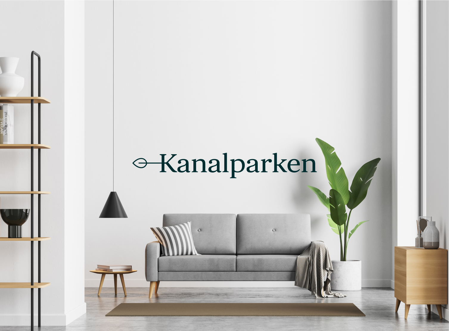 Kanalparken logo on the wall of a bright living room