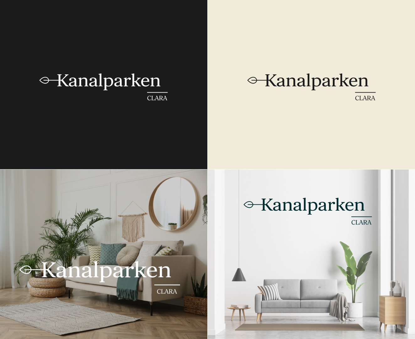 Versions of the Kanalparken logo on different backgrounds