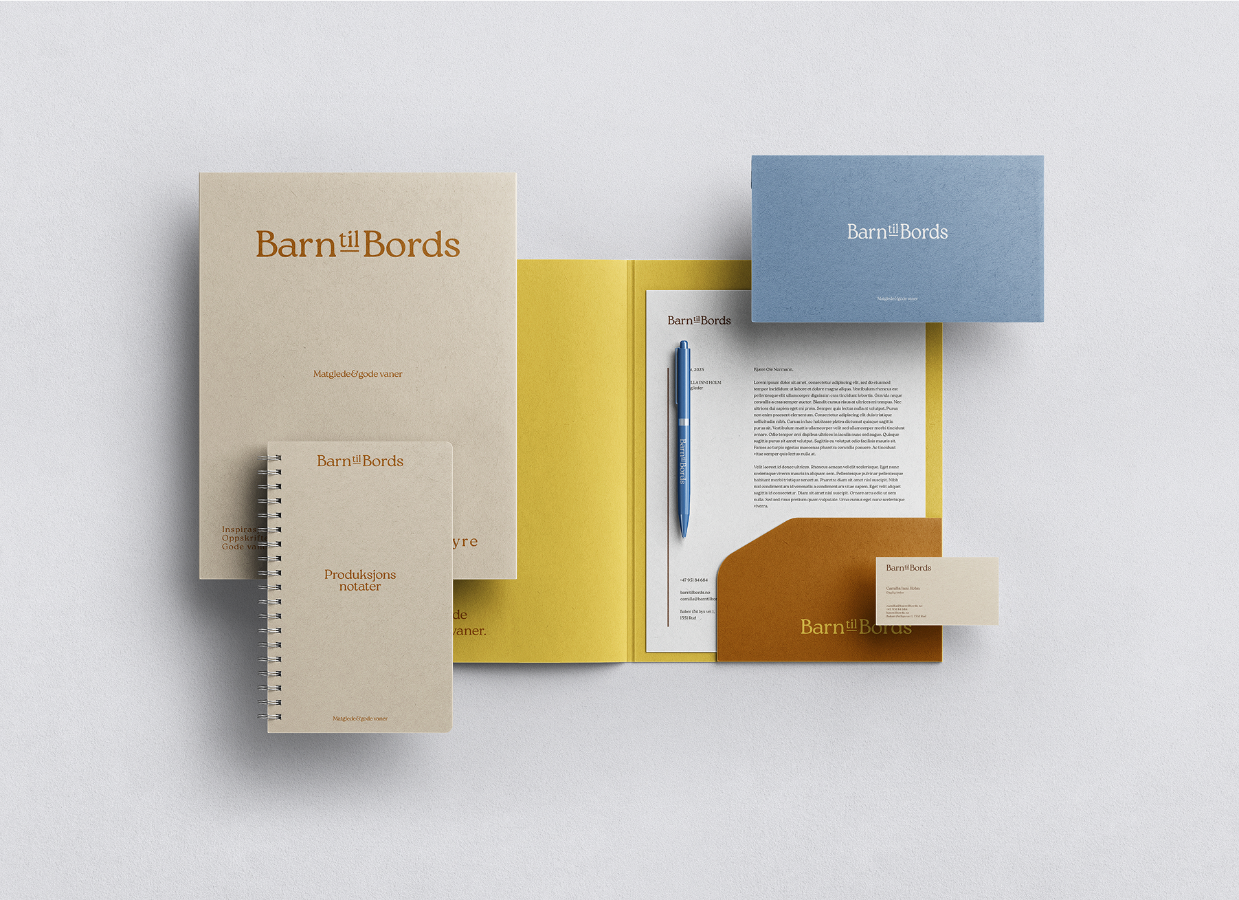 Barn til Bords stationery: folder, notebook, letterhead and envelope