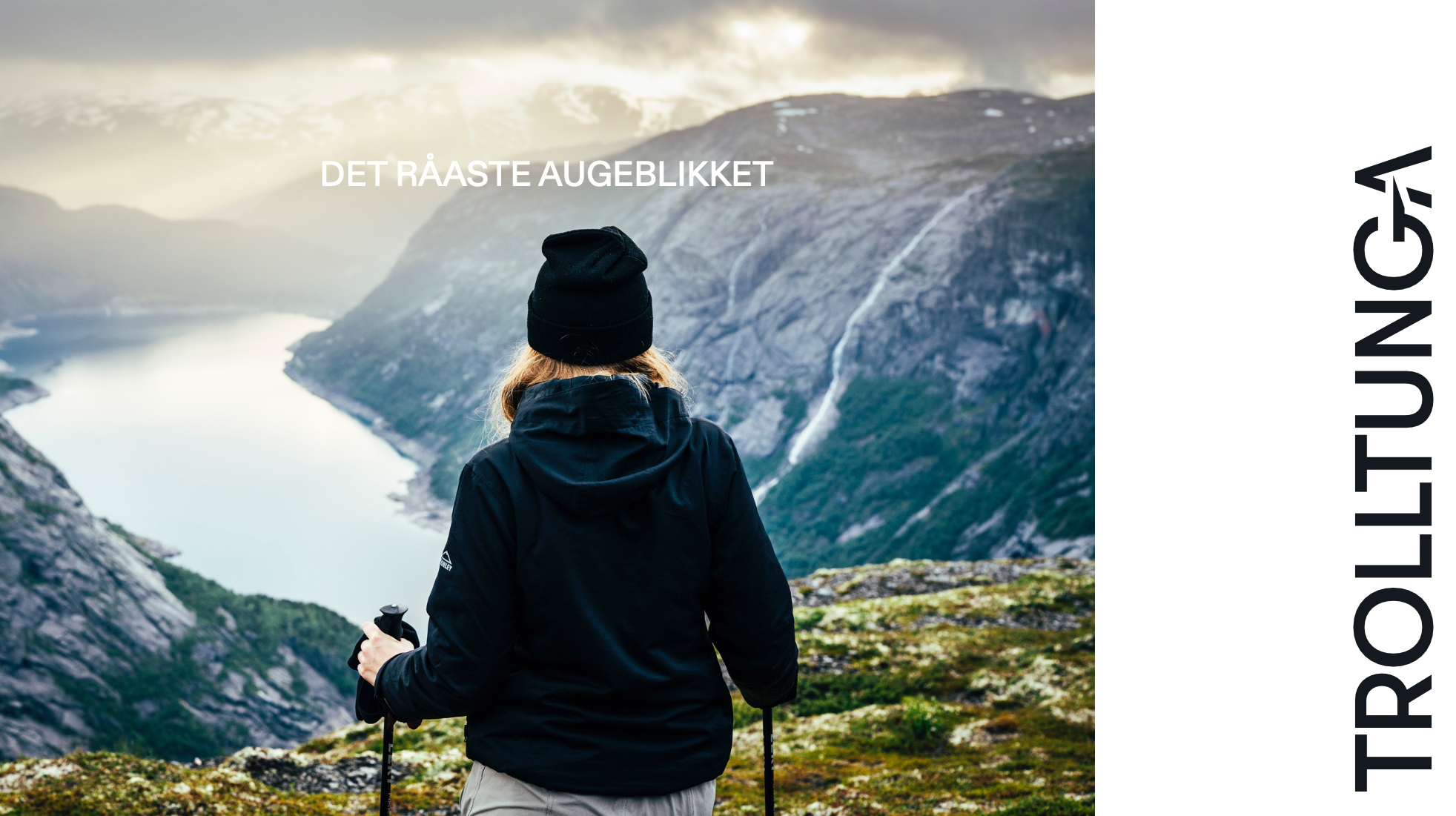 Trolltunga banner: Det råaste augeblikket, a hiker looking over the fjord