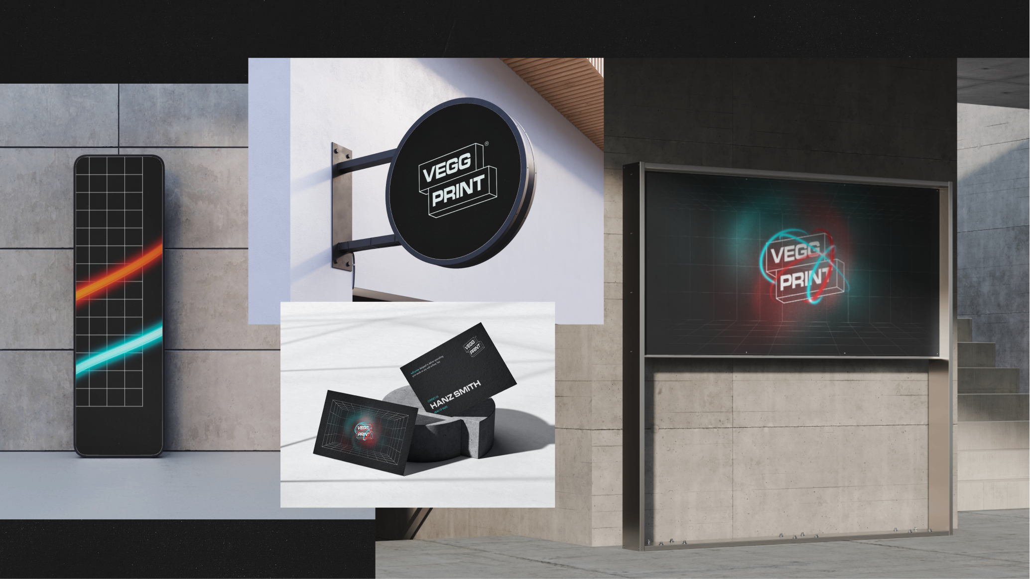 The Veggprint identity on signs, business cards and a facade