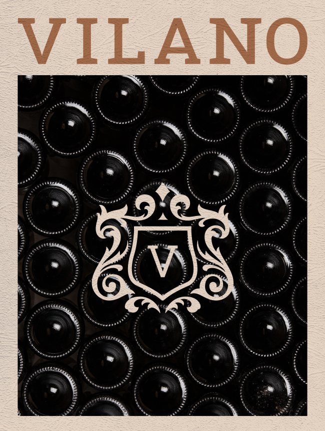 Vilano poster with wine bottles and the crest