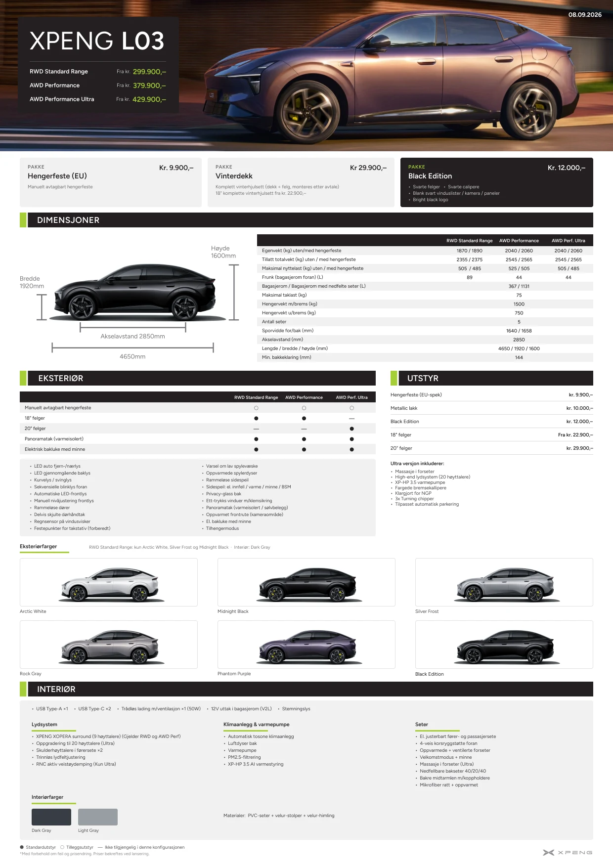 Spec sheet for the XPENG L03