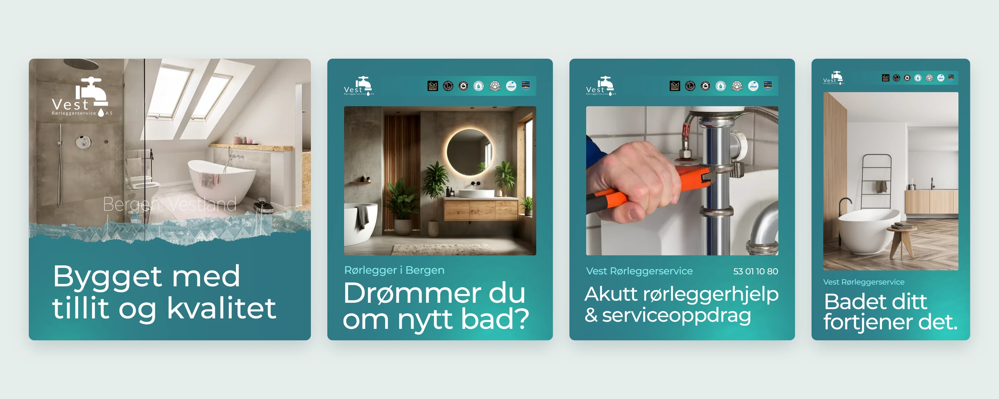 Fire annonser for Vest Rørleggerservice i sosiale medier, side om side