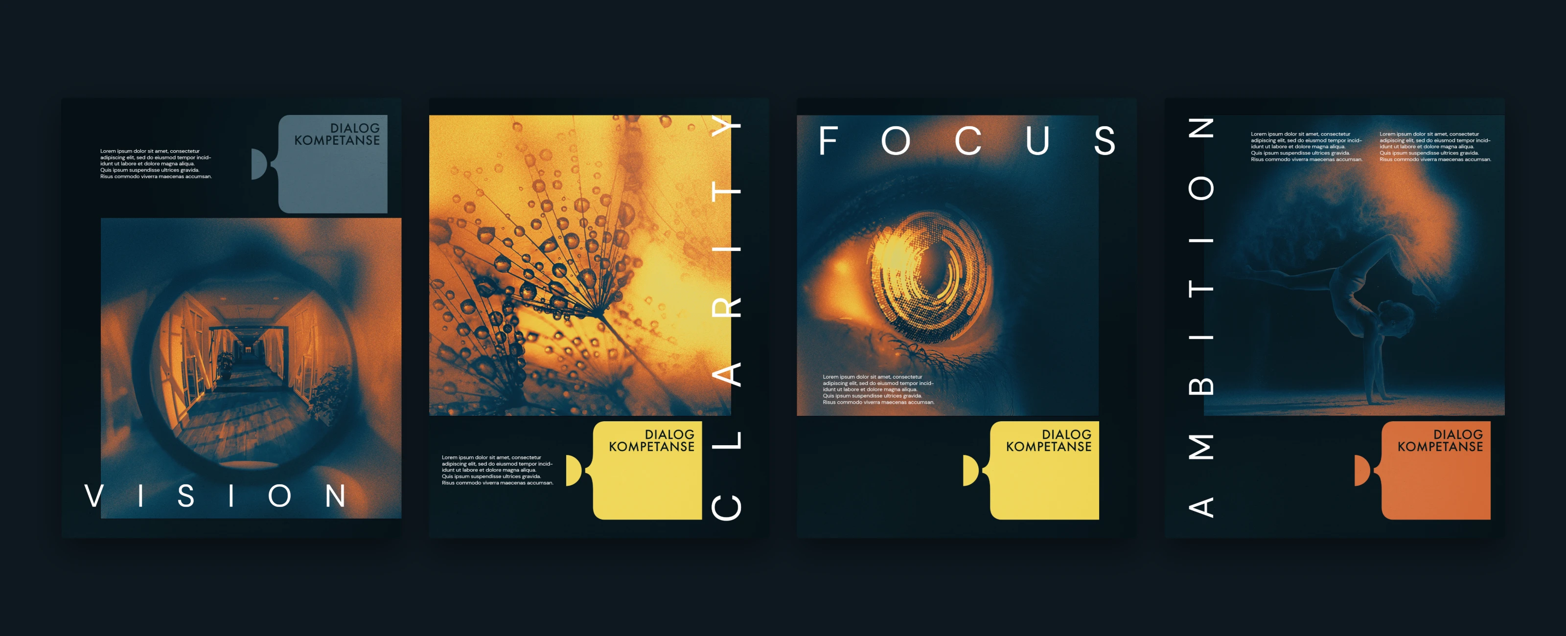 Four Dialog Kompetanse posters: Vision, Clarity, Focus and Ambition