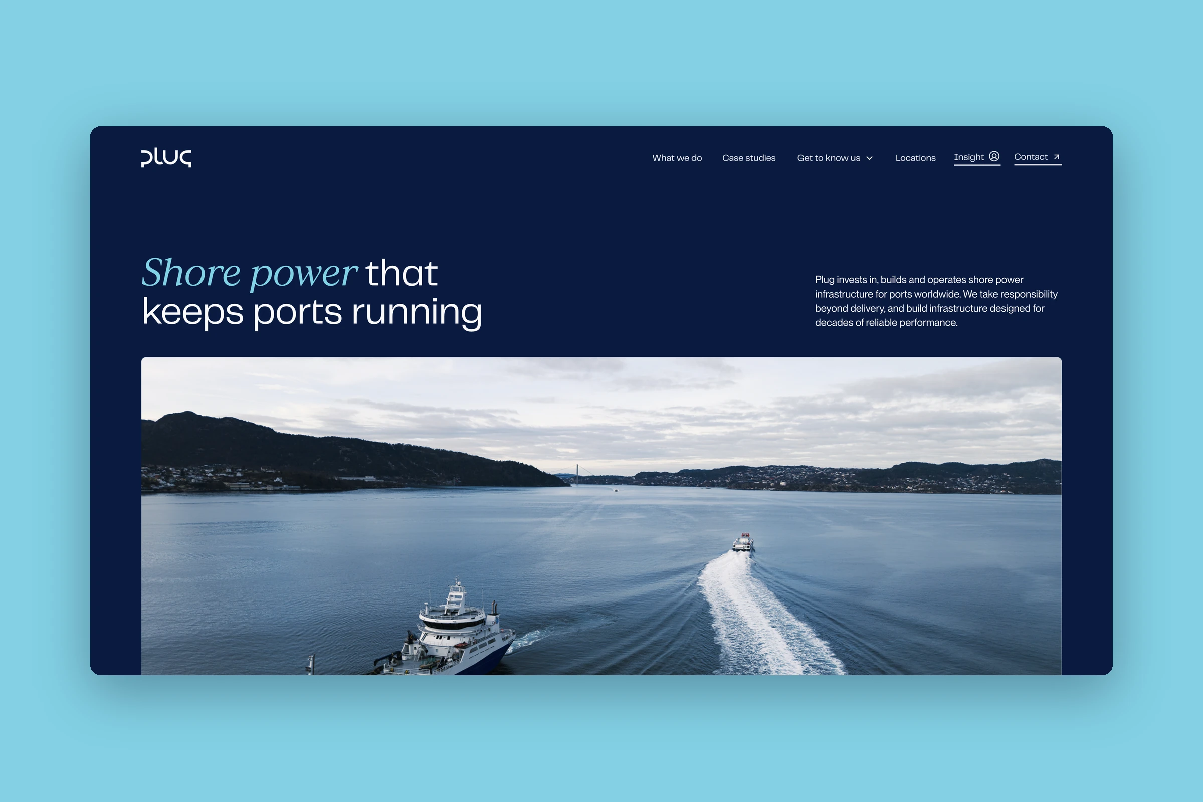 The plugport.no home page: Shore power that keeps ports running