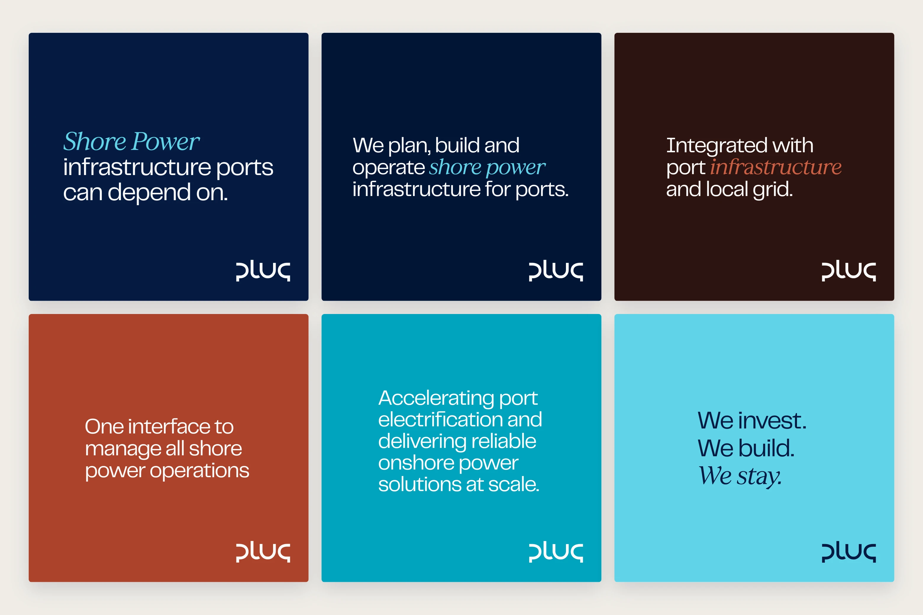 Six LinkedIn posts for Plug in blue, copper and ice blue