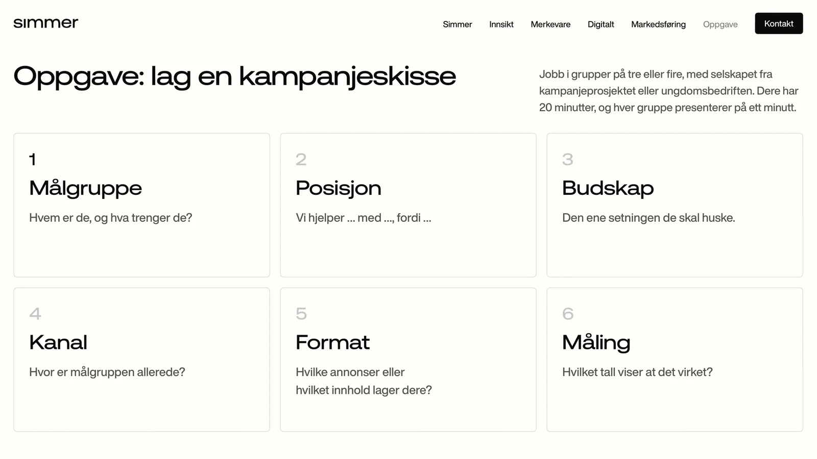 Oppgaven elevene fikk: lag en kampanjeskisse med målgruppe, posisjon, budskap, kanal, format og måling