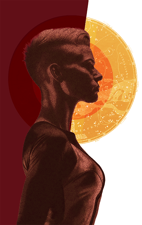 Stylized profile of a nonbinary or queer-presenting figure facing left, standing confidently against a glowing orange constellation map—symbolizing self-discovery, identity, and empowerment.
