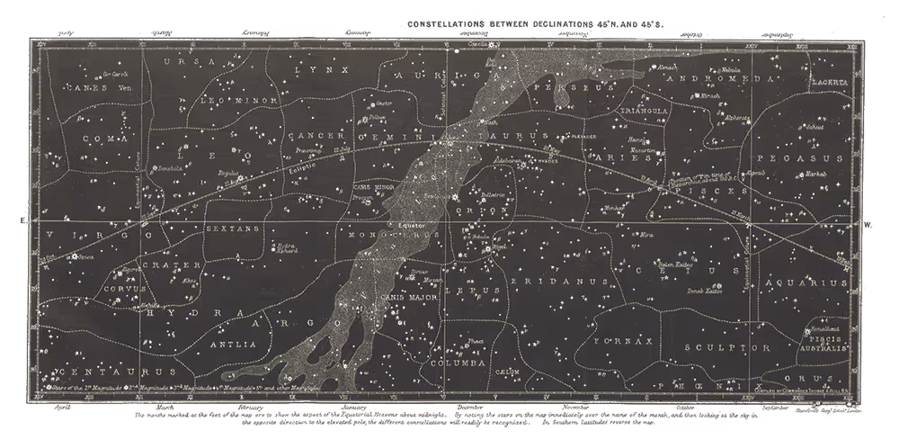 Faded constellation map layered over a moody sunset sky, blending astronomy and atmosphere.